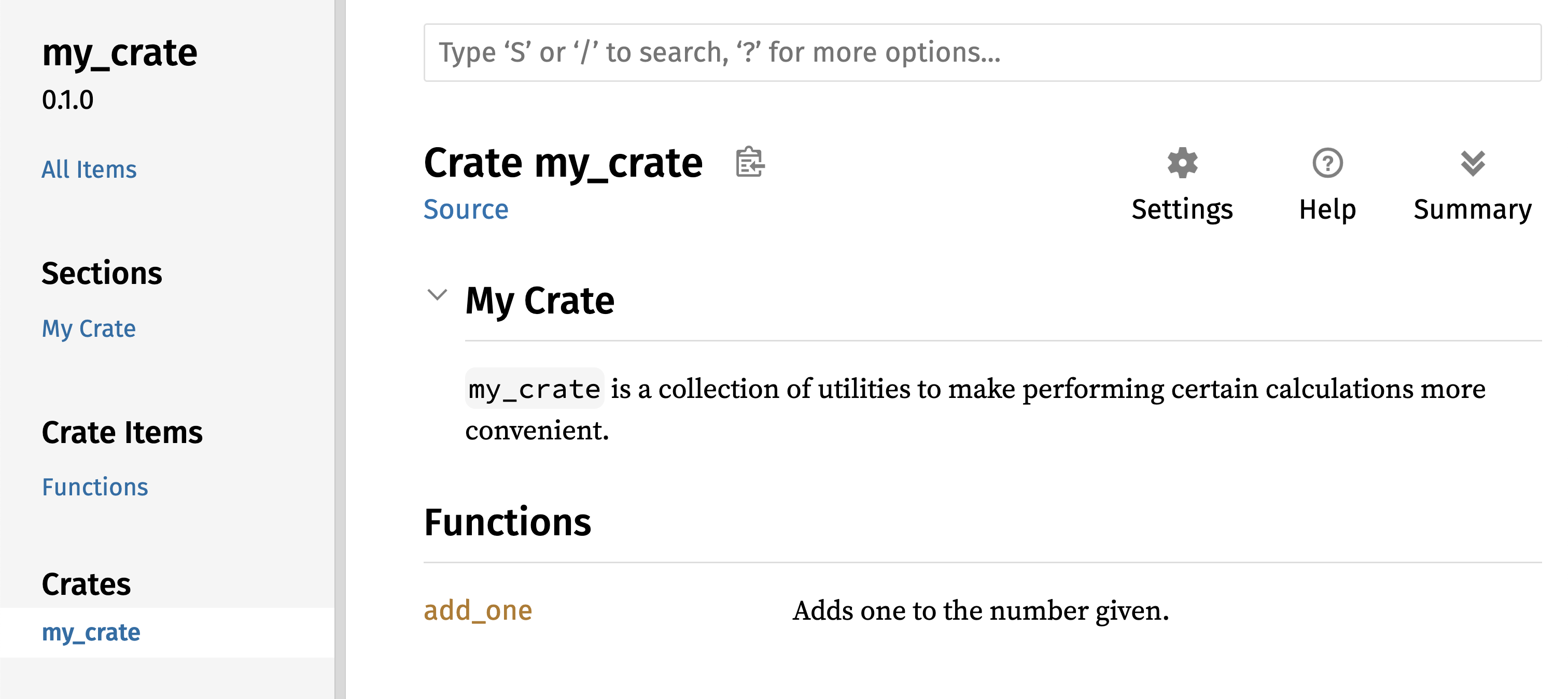 Rendered HTML documentation with a comment for the crate as a whole