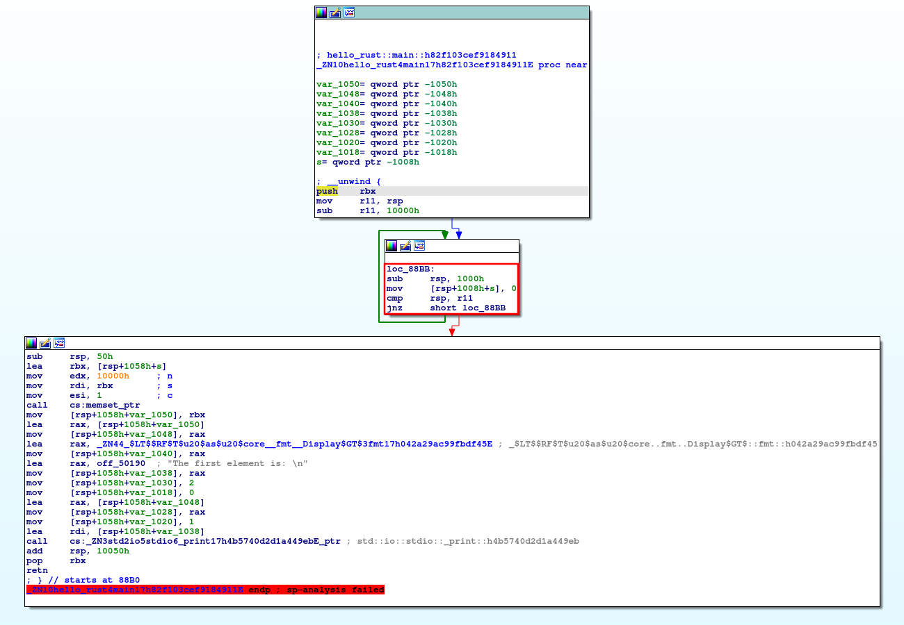 Screenshot of IDA Pro listing the “standard loop” stack probe variant in modified hello-rust.